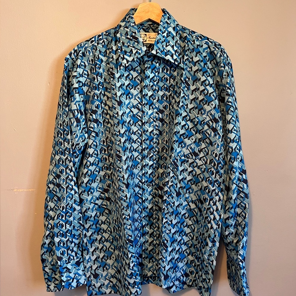 70s Men Shirt Polyester Blue